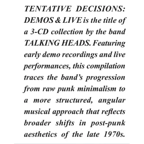 TENTATIVE DECISIONS: DEMOS & LIVE
