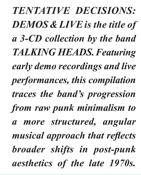 TENTATIVE DECISIONS: DEMOS & LIVE